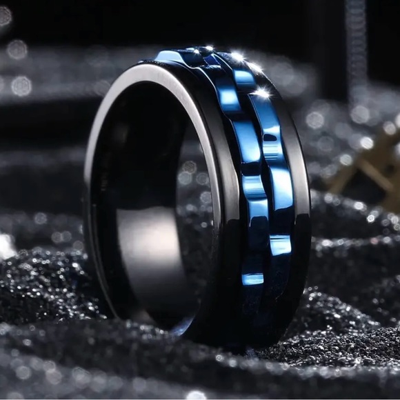 New! Blue & Black Rotating Stainless Steel Fidget Anxiety Ring Size 10 - Picture 3 of 8